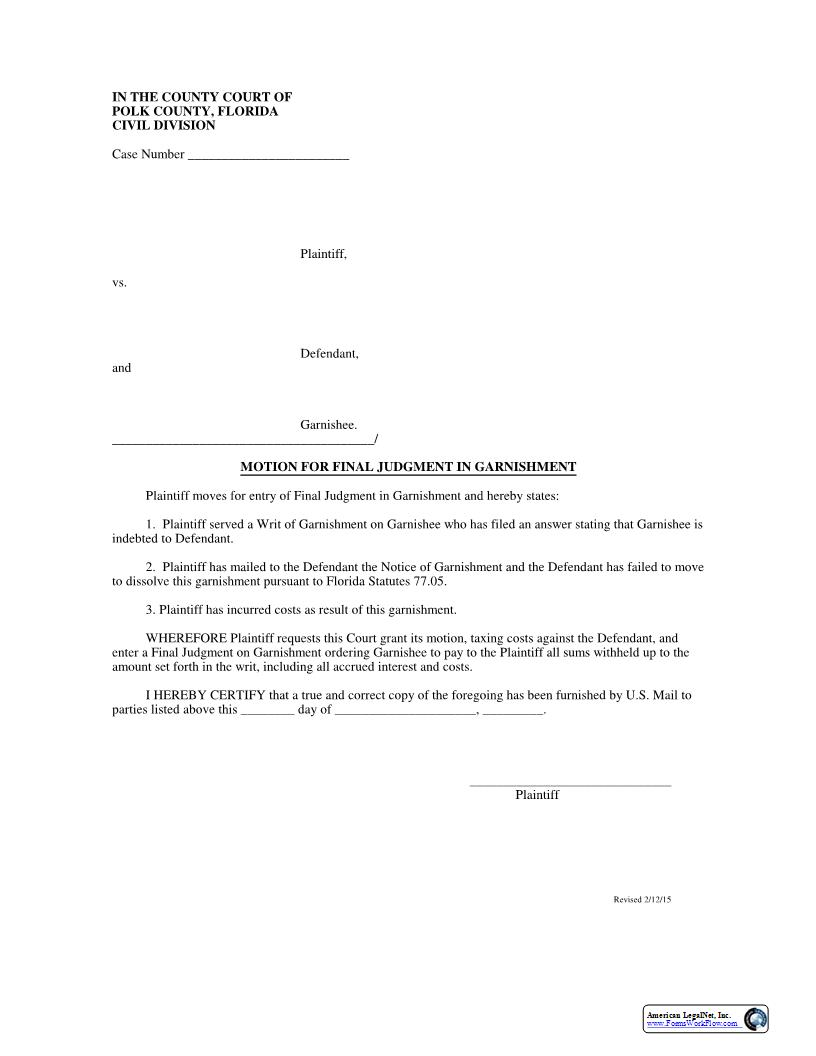 Motion For Final Judgment In Garnishment | Pdf Fpdf Docx | Florida