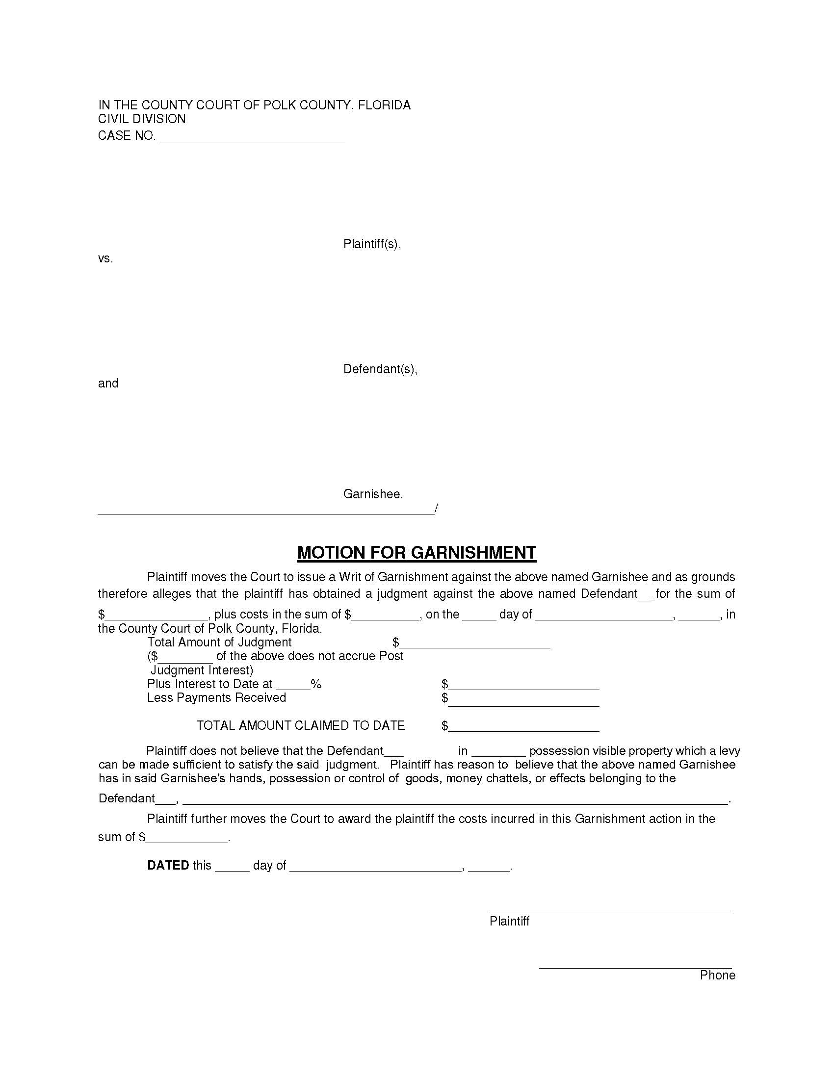 Motion For Garnishment | Pdf Fpdf Doc Docx | Florida