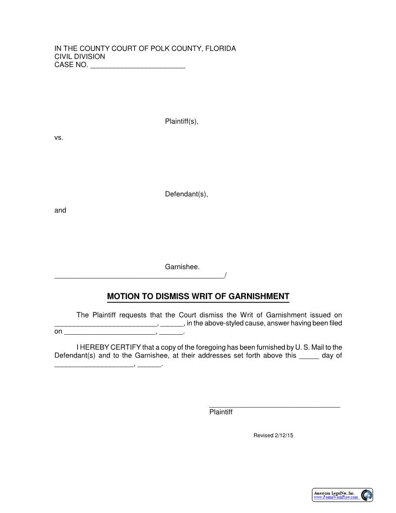 Motion To Dismiss Writ Of Garnishment | Pdf Fpdf Docx | Florida