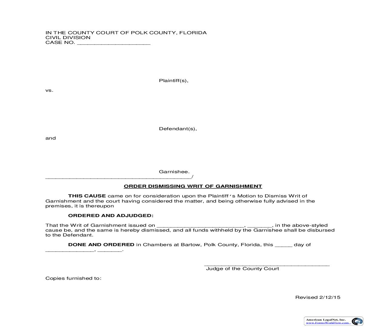 Order Dismissing Writ Of Garnishment | Pdf Fpdf Doc Docx | Florida