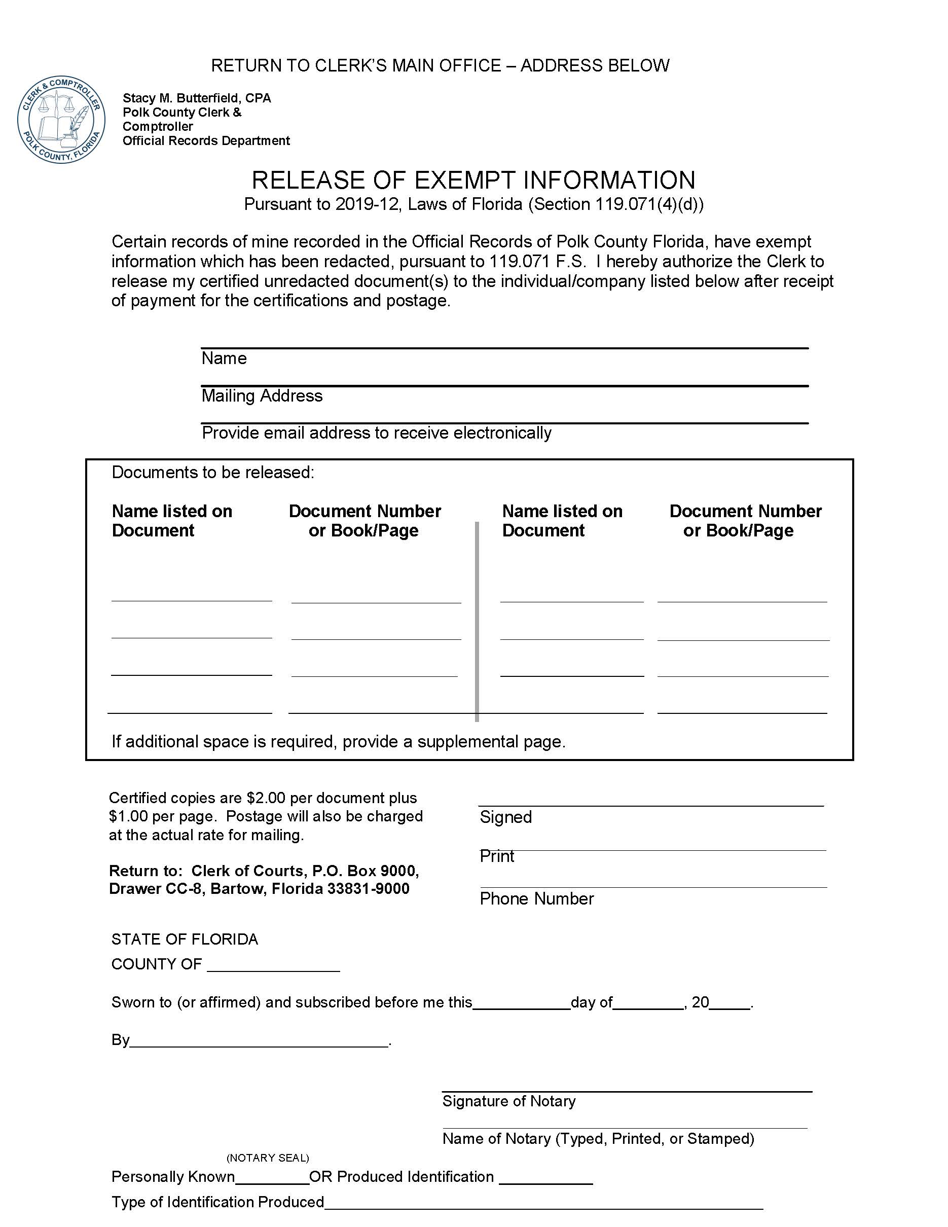 Release Of Exempt Information (Official County Records) | Pdf Fpdf Docx | Florida