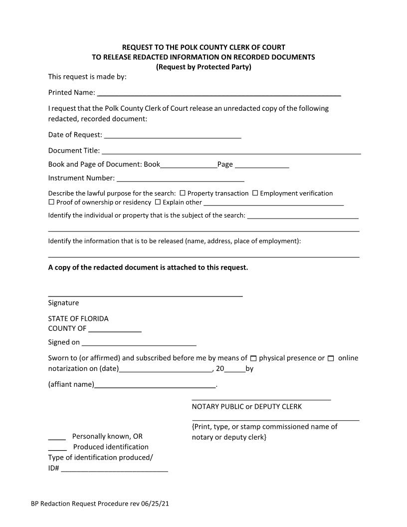 Request By Protected Party For Clerk To Release Redacted Information | Pdf Fpdf Docx | Florida