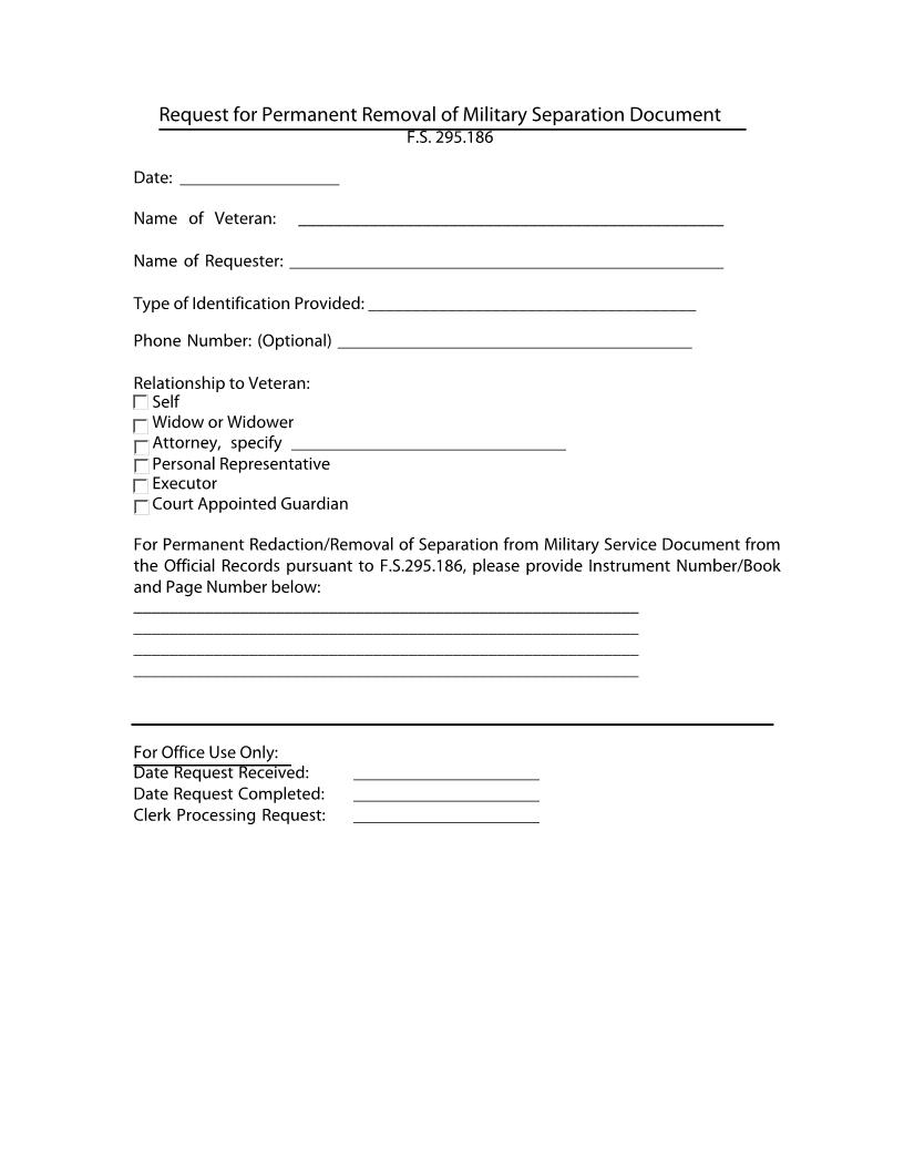 Request For Permanent Removal Of Military Separation Document | Pdf Fpdf Docx | Florida