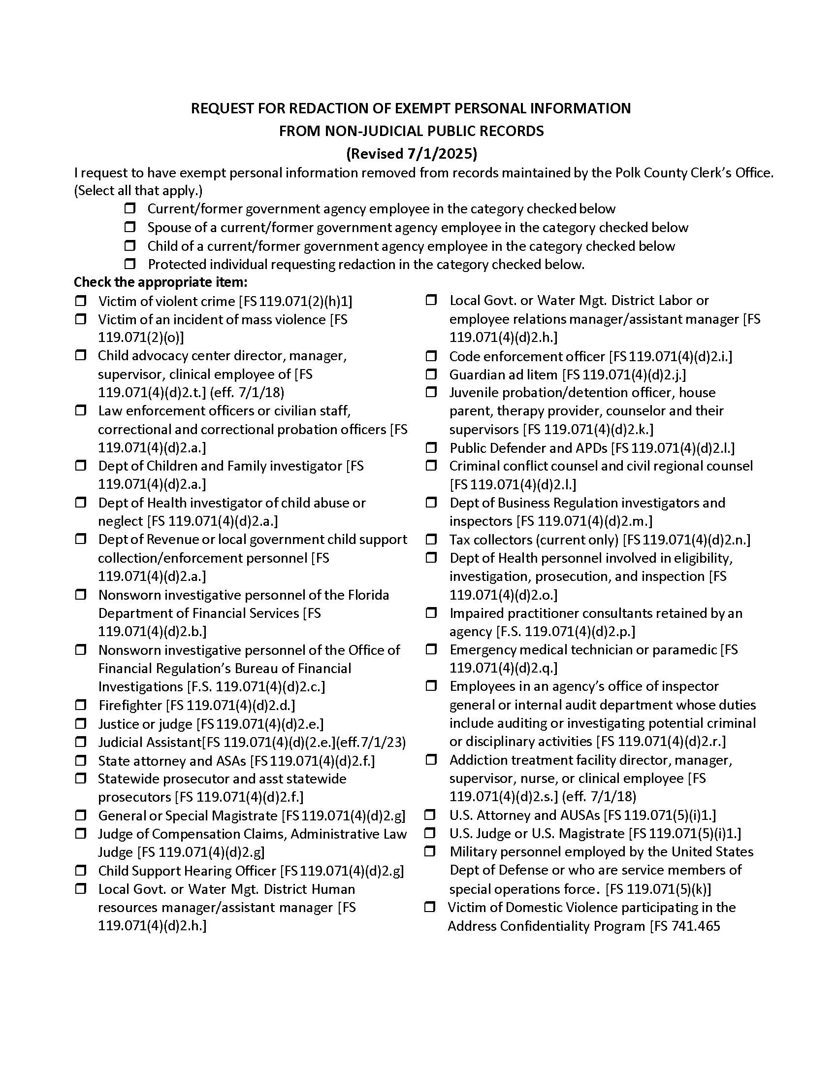 Request For Redaction From Non-Judicial Public Records | Pdf Fpdf Docx | Florida