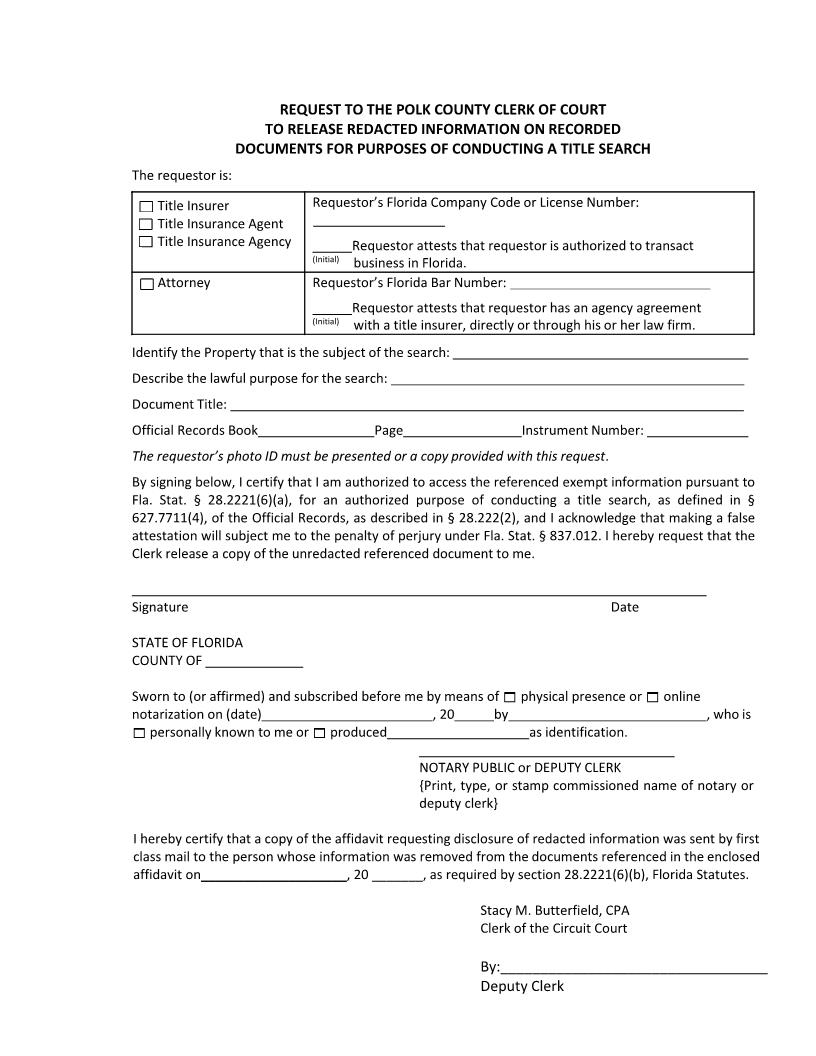 Request To Release Redacted Information For Purposes Of Title Search | Pdf Fpdf Docx | Florida