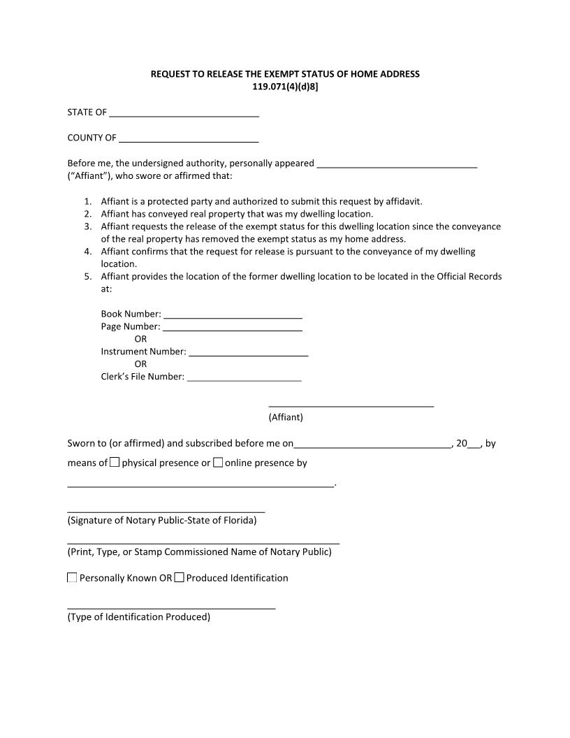 Request To Release The Exempt Status Of Home Address | Pdf Fpdf Docx | Florida