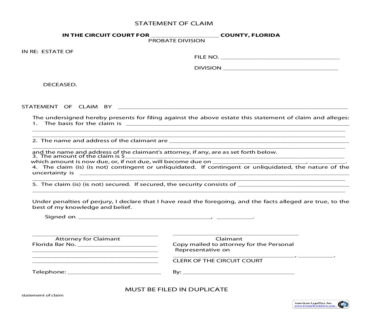 Statement Of Claim (Probate) | Pdf Fpdf Doc Docx | Florida
