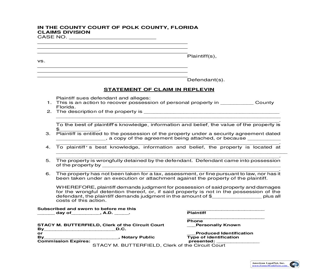 Statement Of Claim In Replevin | Pdf Fpdf Doc Docx | Florida