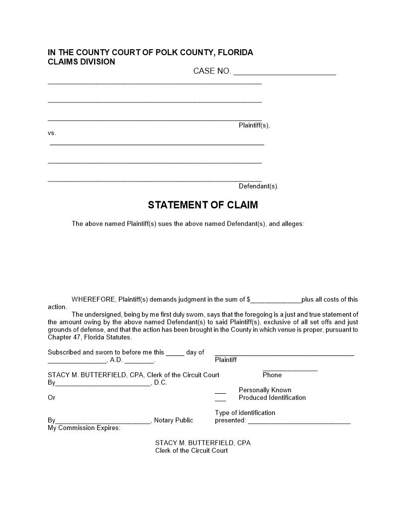 Statement of Claim (Small Claims) | Pdf Fpdf Doc Docx | Florida