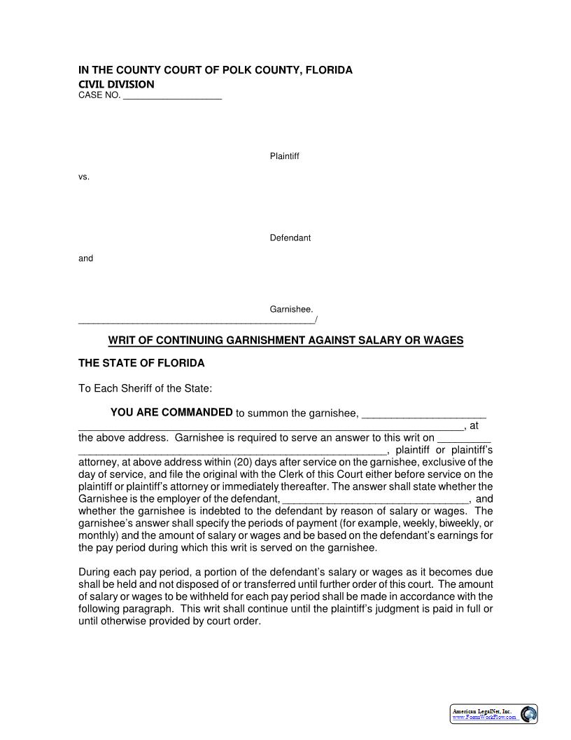 Writ Of Continuing Garnishment Against Salary Or Wages | Pdf Fpdf Docx | Florida