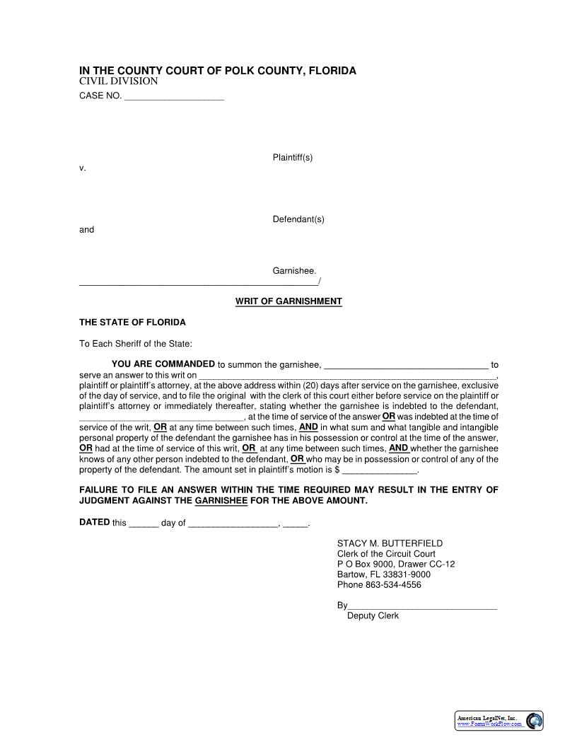 Writ Of Garnishment | Pdf Fpdf Docx | Florida
