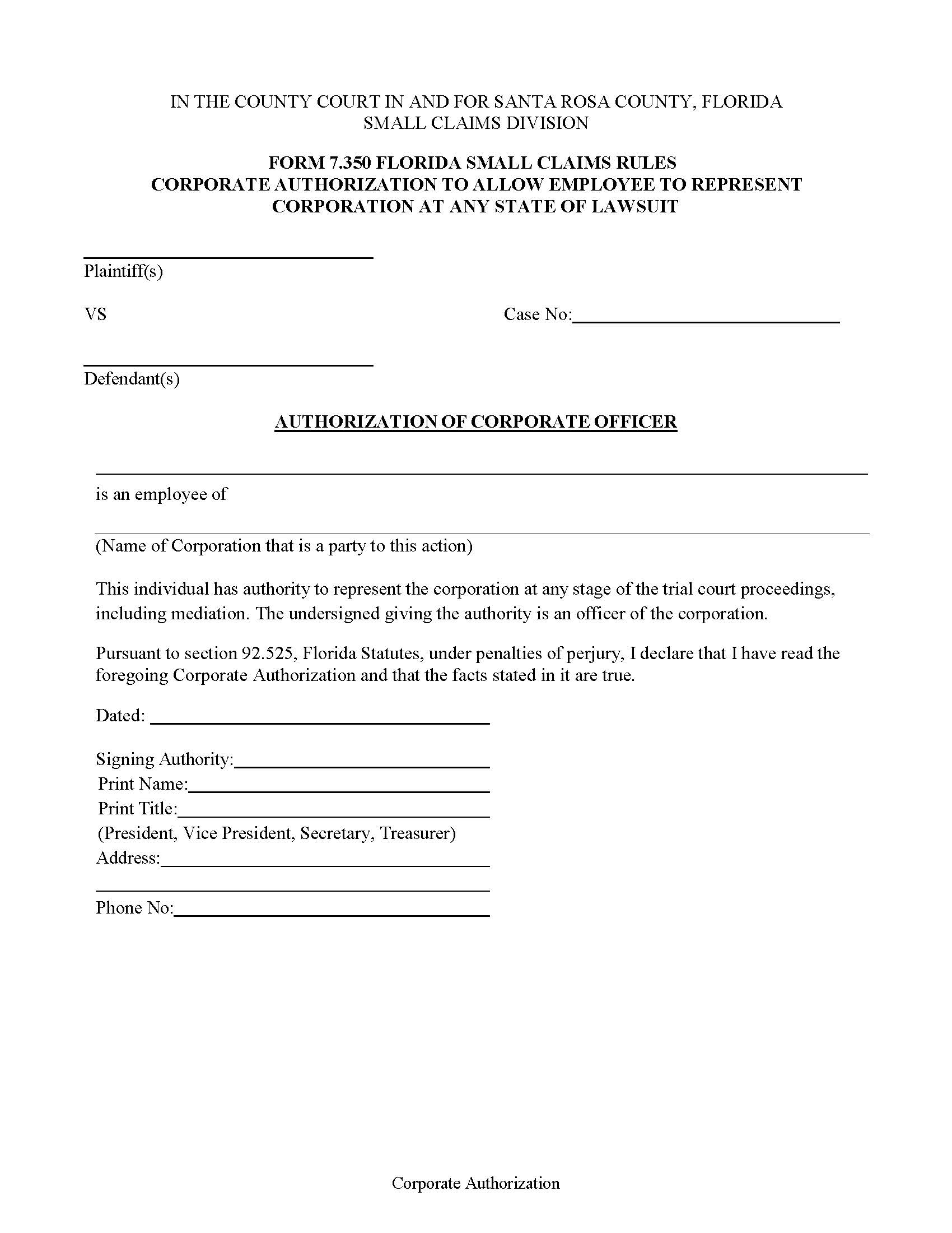 Authorization Of Corporate Officer | Pdf Fpdf Doc Docx | Florida