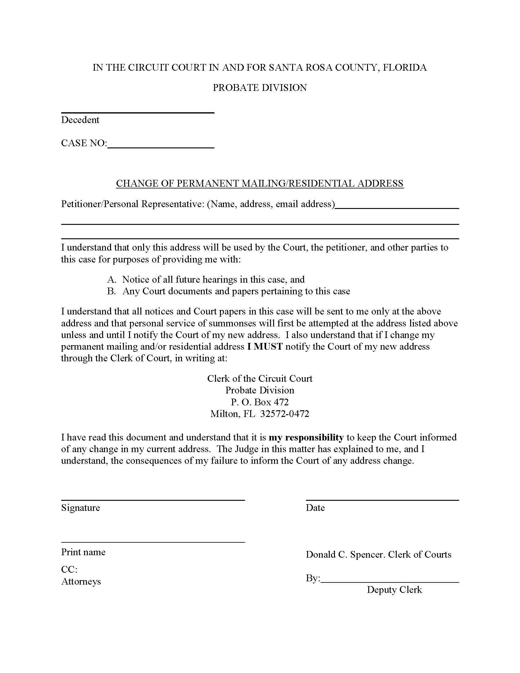 Change Of Permanent Mailing-Residential Address (Probate Division) | Pdf Fpdf Docx | Florida