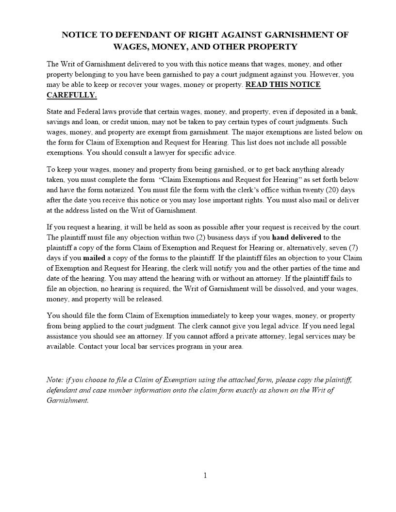 Claim Of Exemption And Request For Hearing (Garnishment Of Wages) | Pdf Fpdf Doc Docx | Florida