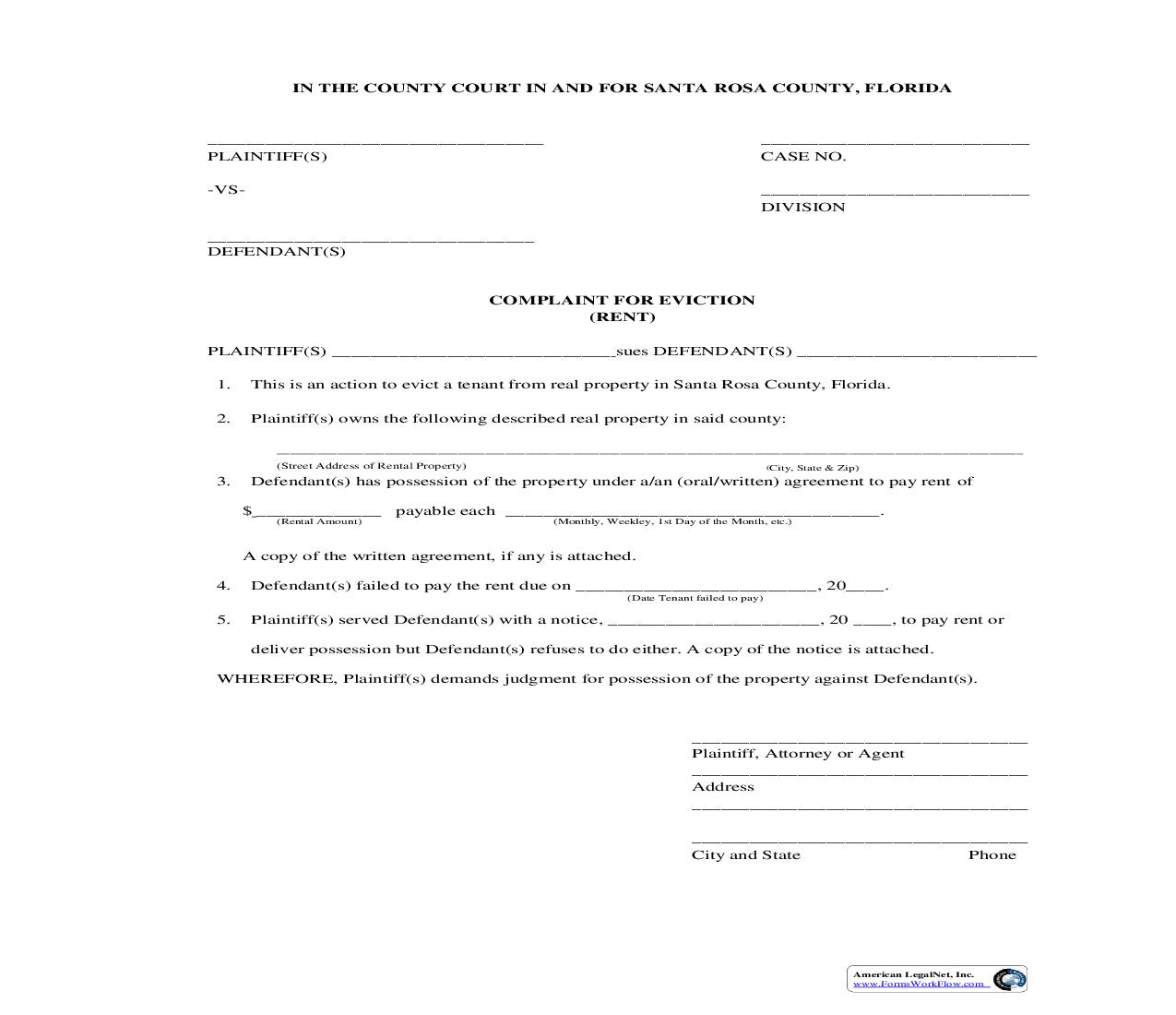 Complaint For Eviction (Rent) | Pdf Fpdf Doc Docx | Florida