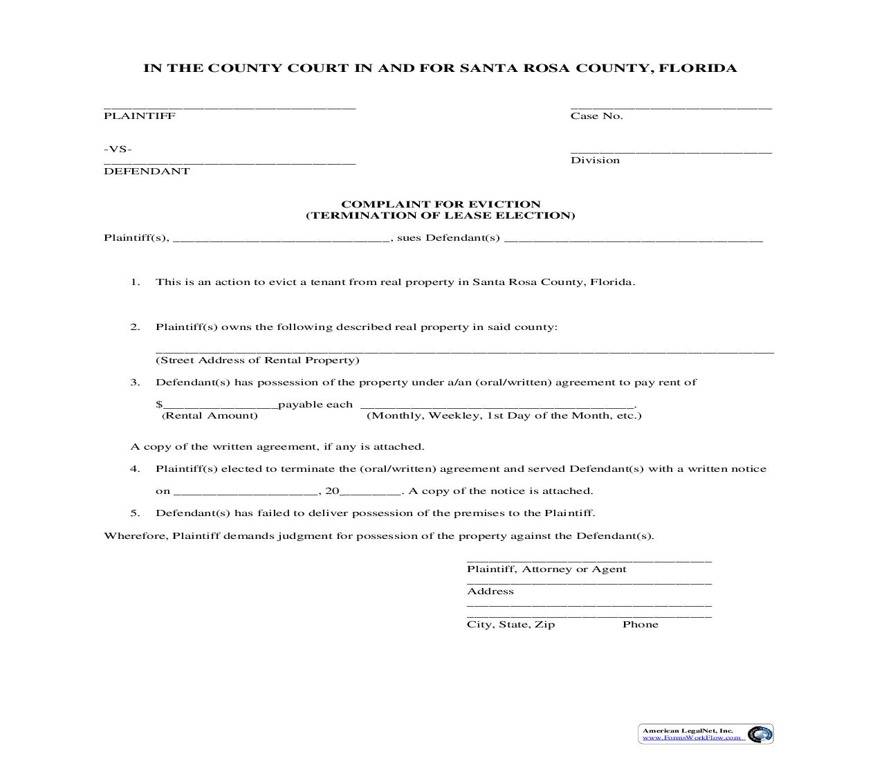 Complaint For Eviction (Termination Of Lease Election) | Pdf Fpdf Doc Docx | Florida