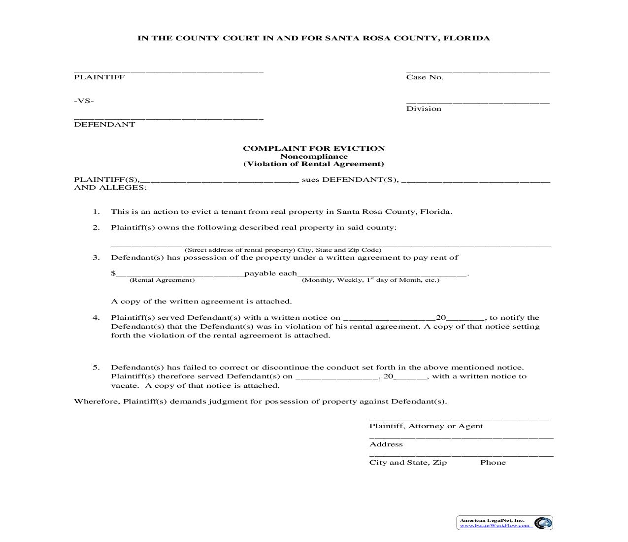 Complaint For Eviction - Noncompliance (Violation Of Rental Agreement) | Pdf Fpdf Doc Docx | Florida