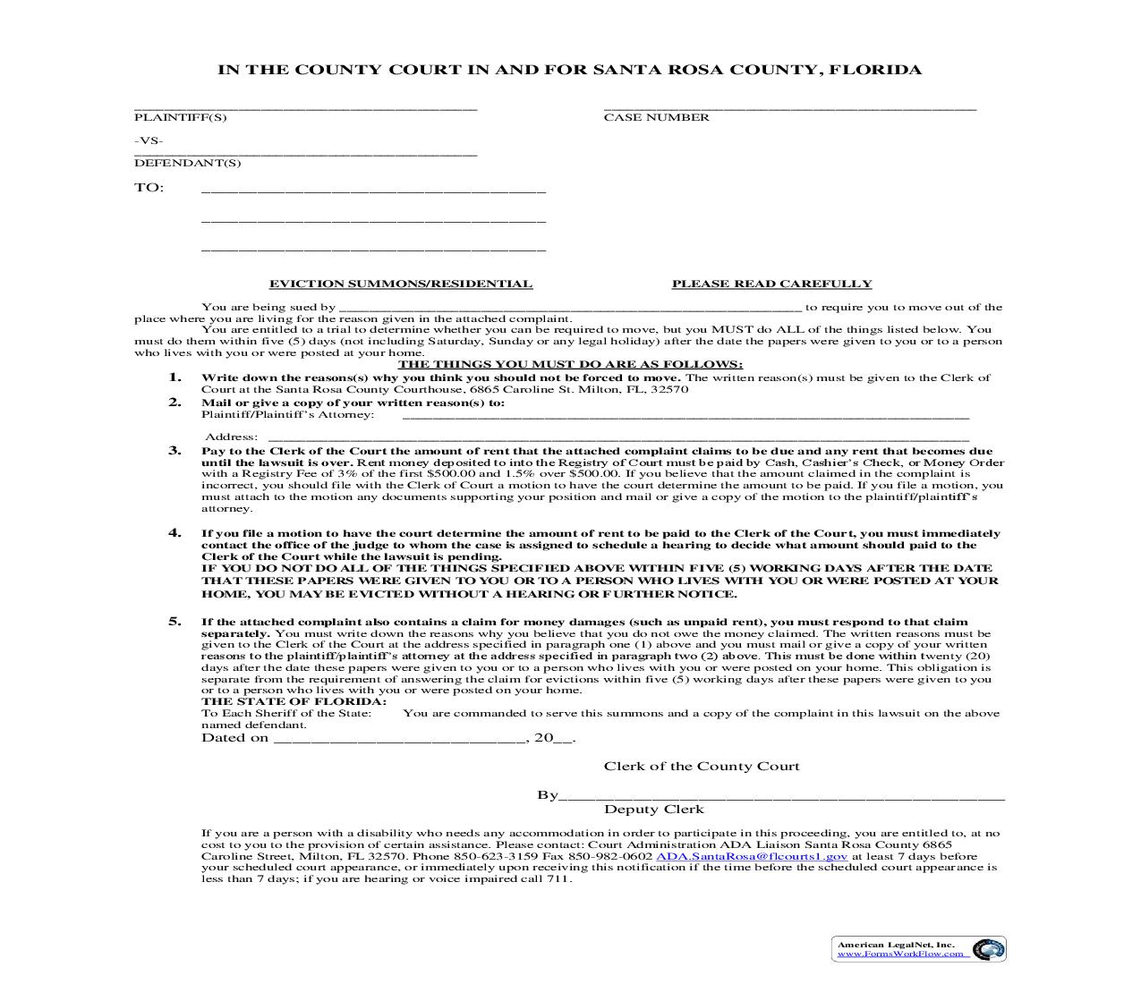 Eviction Summons - Residential | Pdf Fpdf Doc Docx | Florida