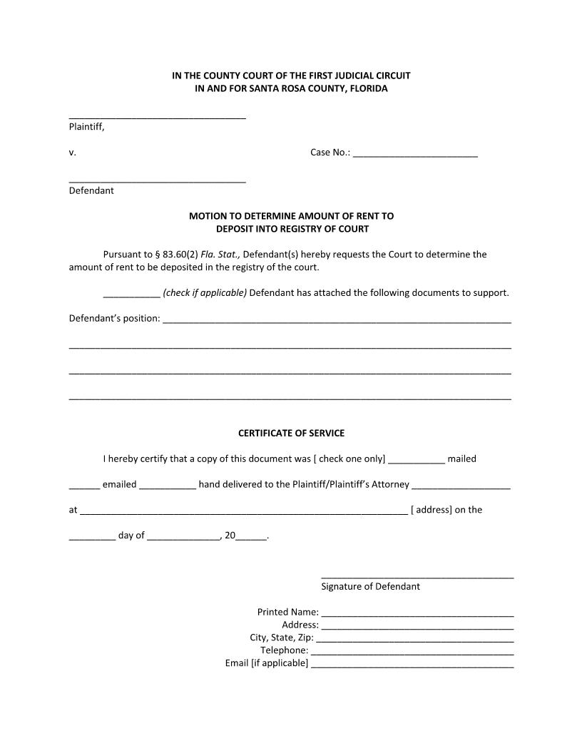 Motion To Determine Rent To Deposit In Court Registry {SR MDRDCR} | Pdf Fpdf Docx | Florida