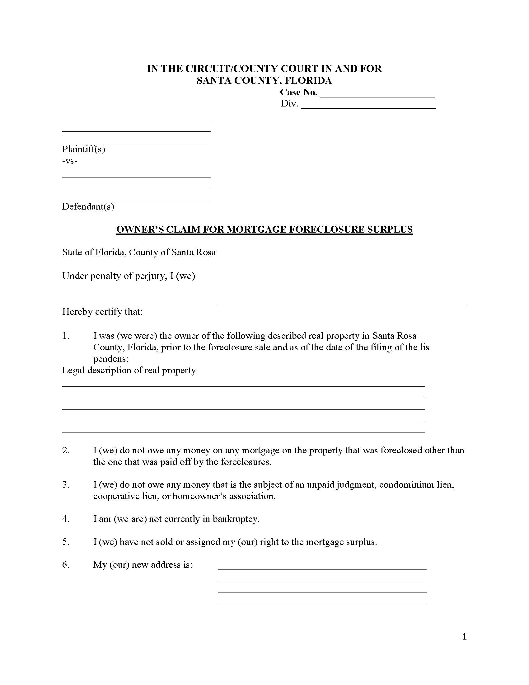 Owners Claim For Mortgage Foreclosure Surplus | Pdf Fpdf Docx | Florida