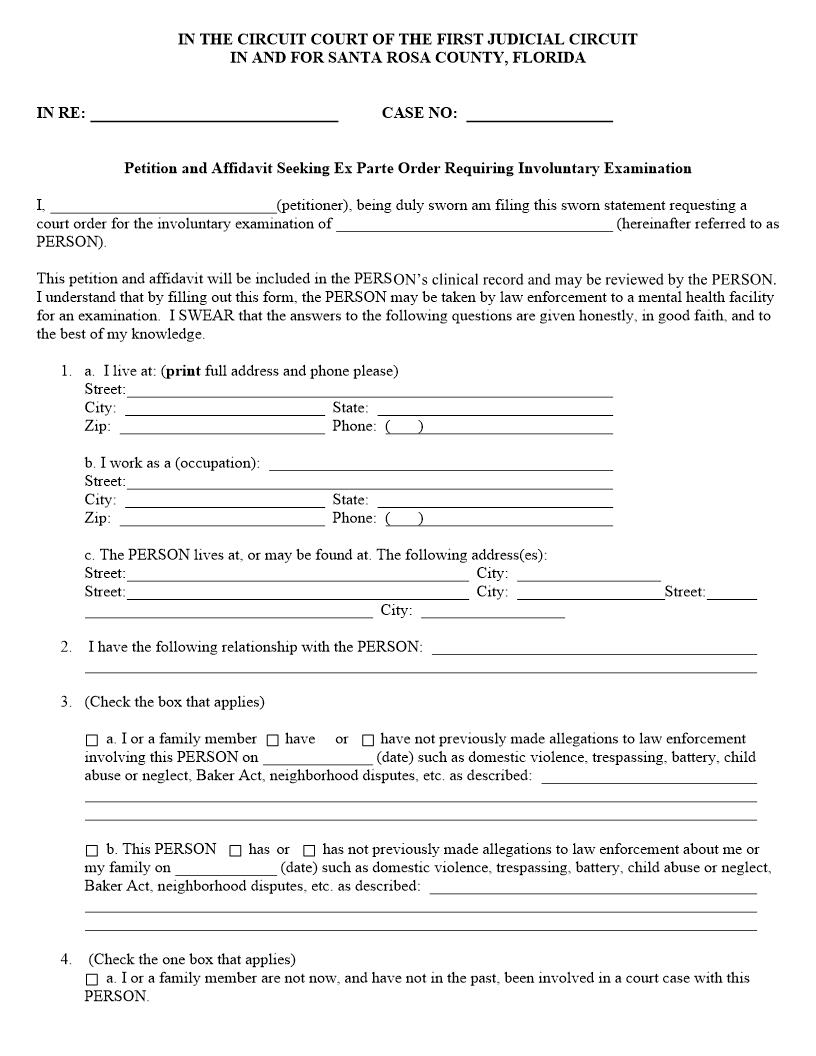 Petition Affidavit Seeking Ex Parte Order Involuntary Examination (Baker Act) | Pdf Fpdf Docx | Florida