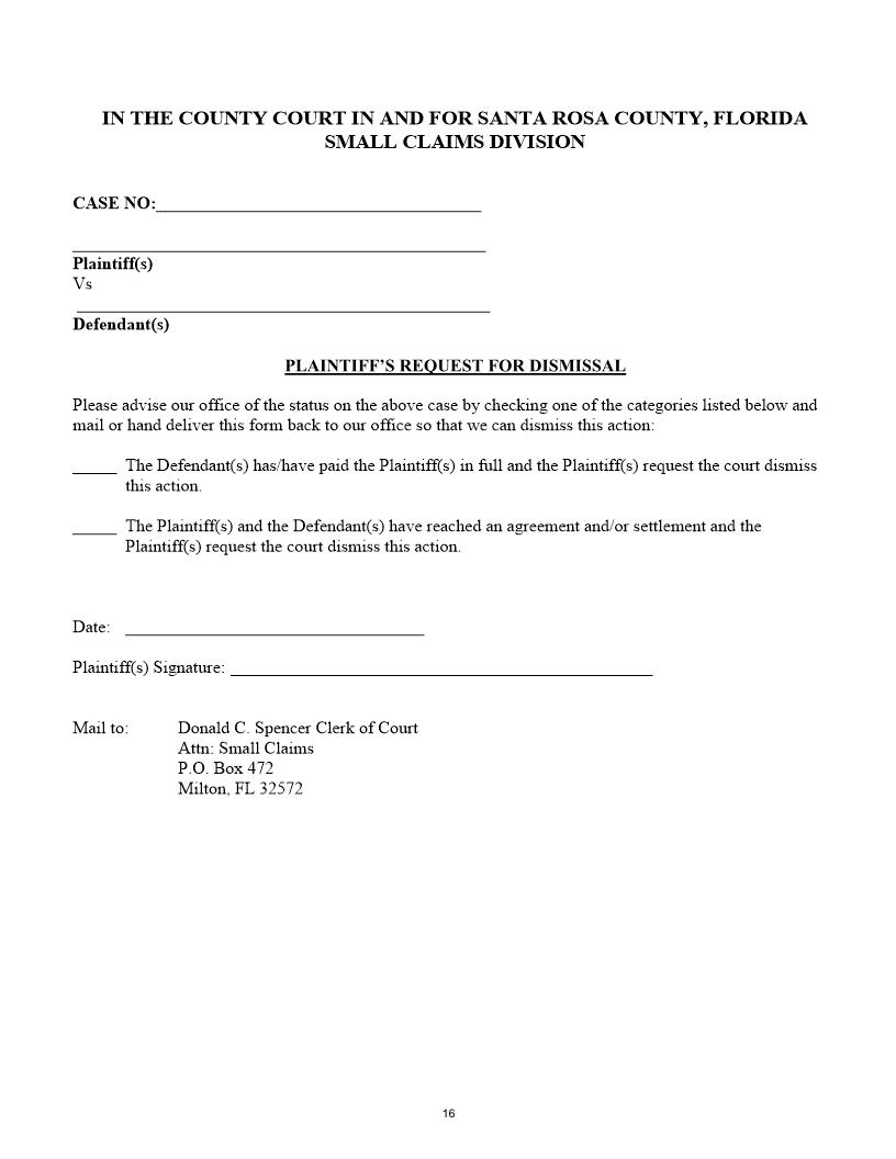 Plaintiffs Request For Dismissal (Small Claims) | Pdf Fpdf Docx | Florida