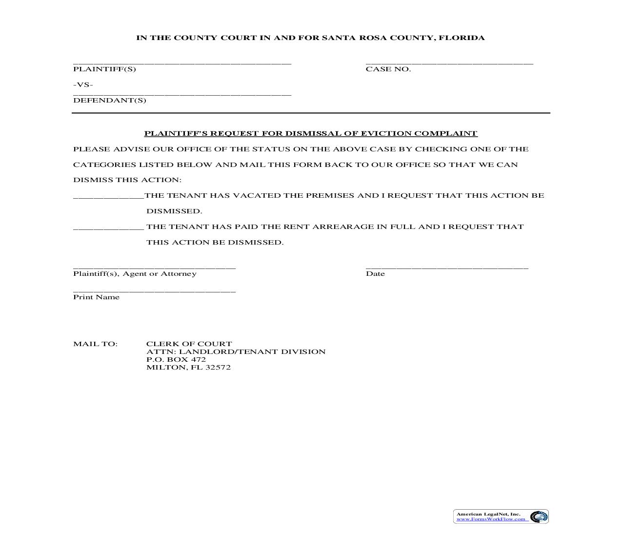 Plaintiffs Request For Dismissal Of Eviction Complaint | Pdf Fpdf Doc Docx | Florida