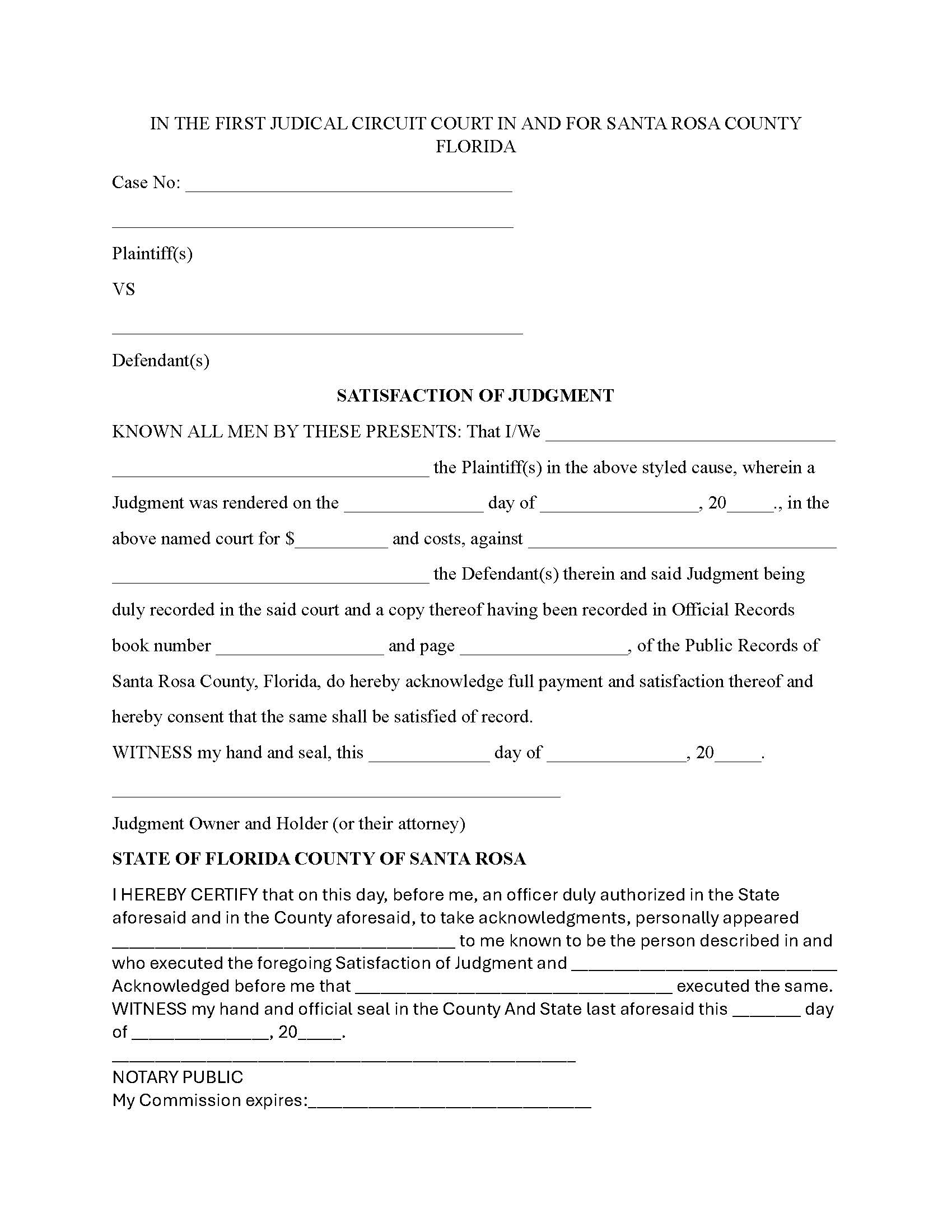 Satisfaction Of Judgment | Pdf Fpdf Doc Docx | Florida