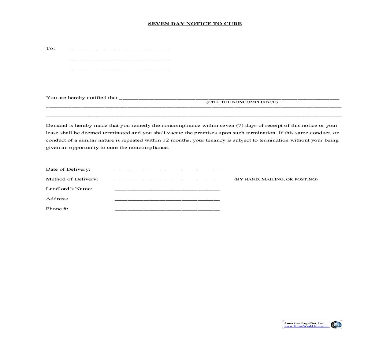 Seven Day Notice To Cure | Pdf Fpdf Doc Docx | Florida