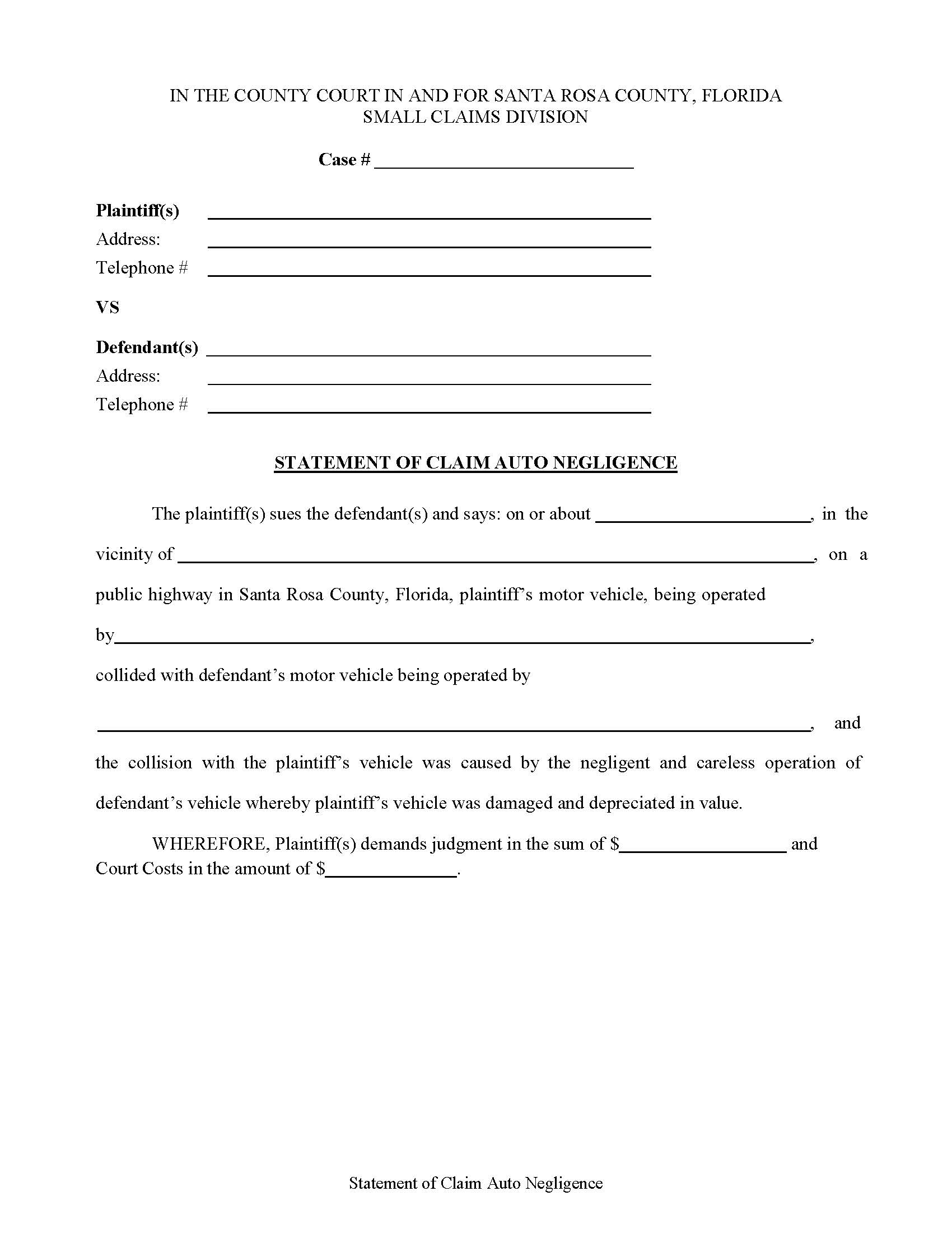 Statement Of Claim - Auto Negligence | Pdf Fpdf Doc Docx | Florida