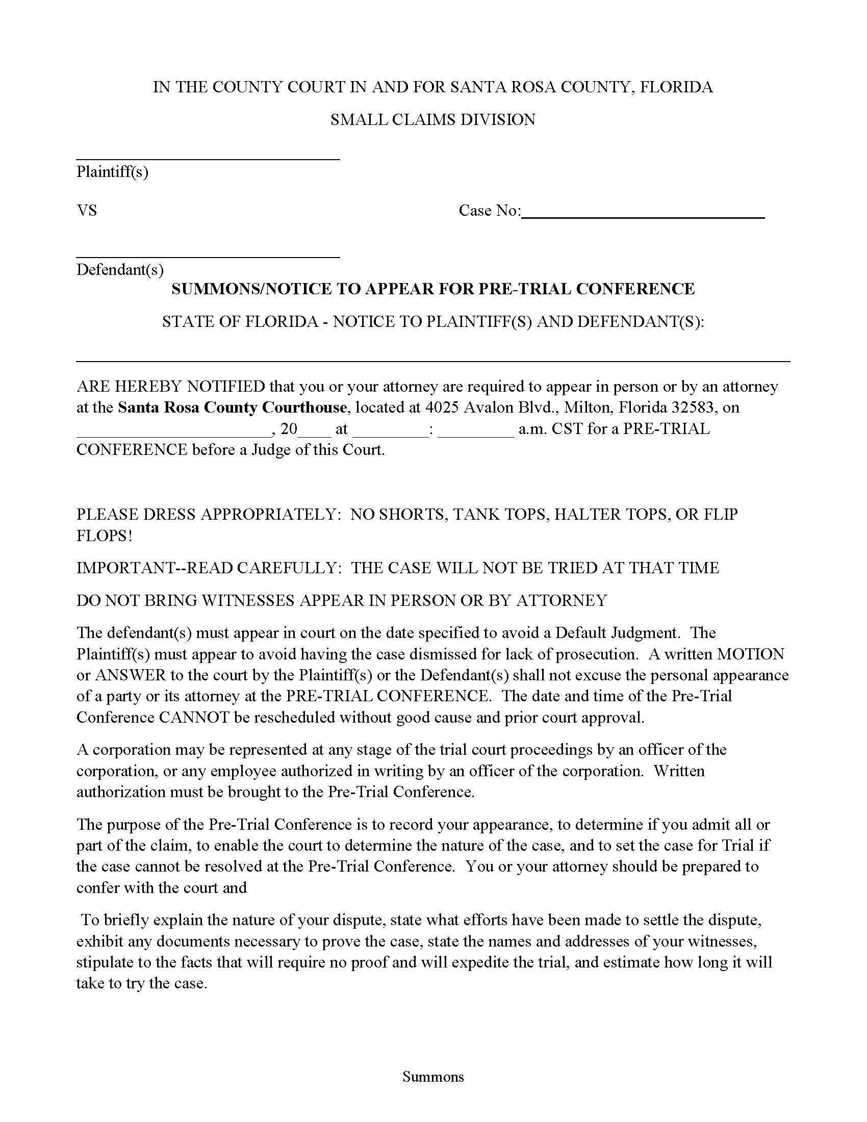 Summons-Notice To Appear For Pre-Trial Conference | Pdf Fpdf Doc Docx | Florida
