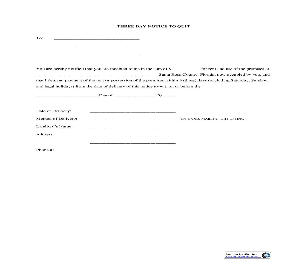 Three Day Notice To Quit | Pdf Fpdf Doc Docx | Florida