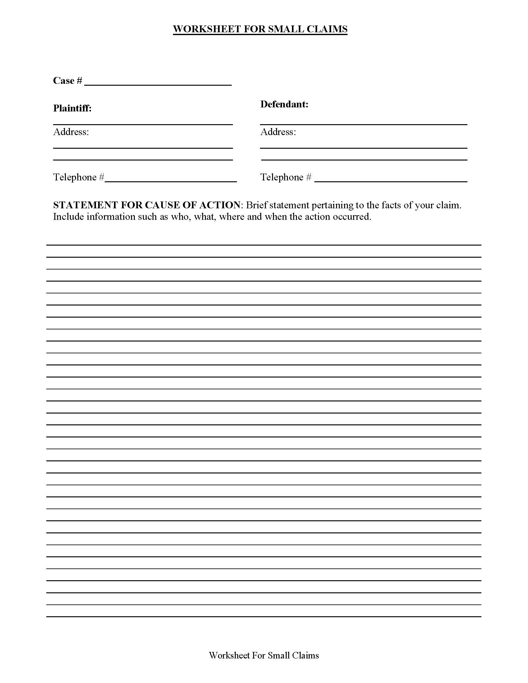 Worksheet For Small Claims | Pdf Fpdf Doc Docx | Florida