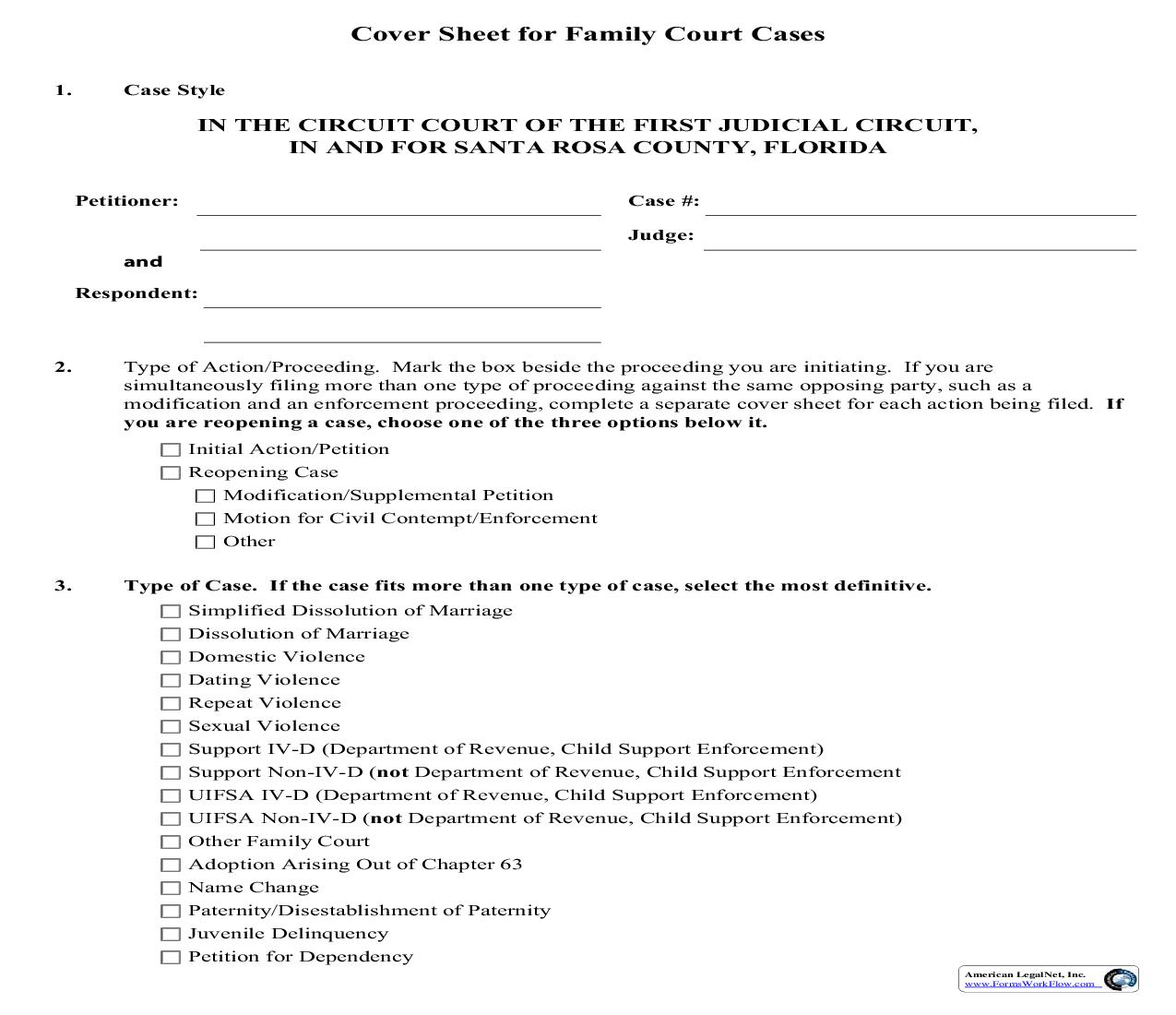 Cover Sheet For Family Court Cases | Pdf Fpdf Doc Docx | Florida