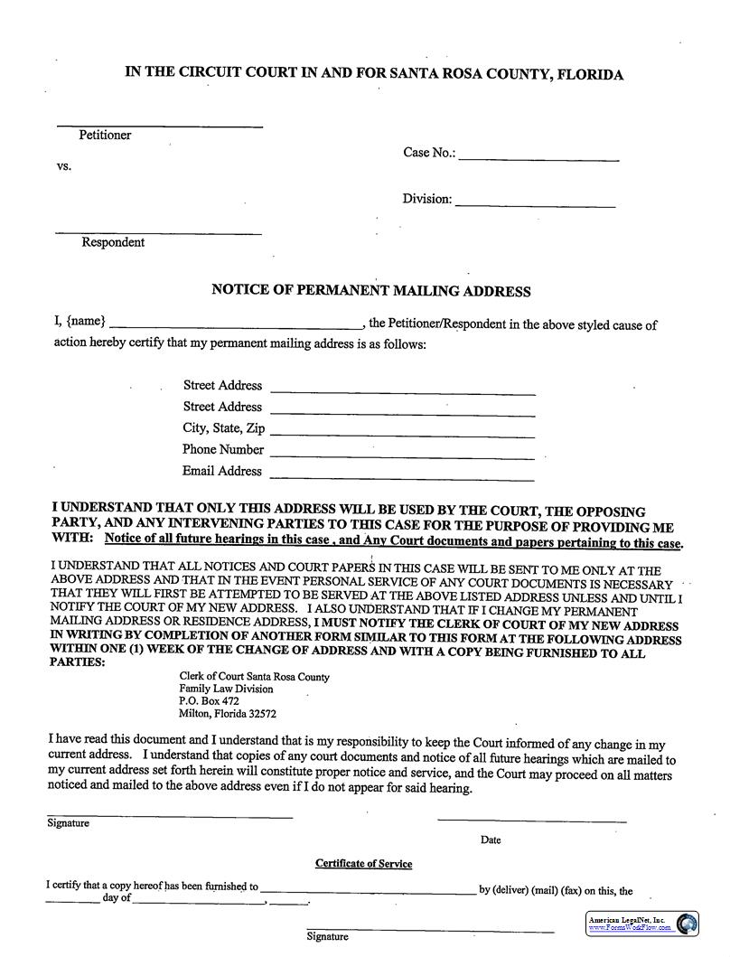 Notice Of Permanent Mailing Address | Pdf Fpdf Docx | Florida