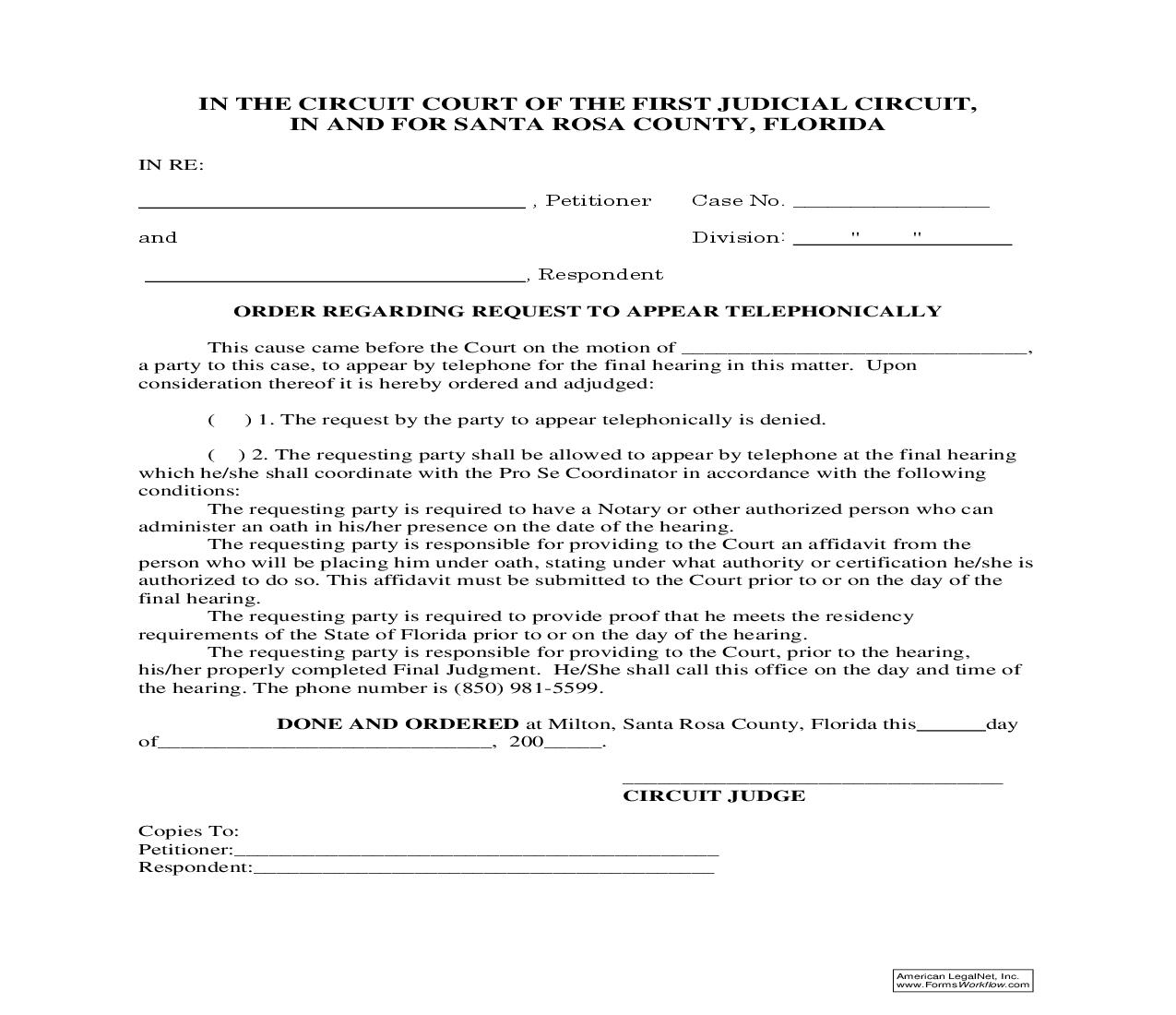 Order Regarding Request To Appear Telephonically | Pdf Fpdf Doc Docx | Florida