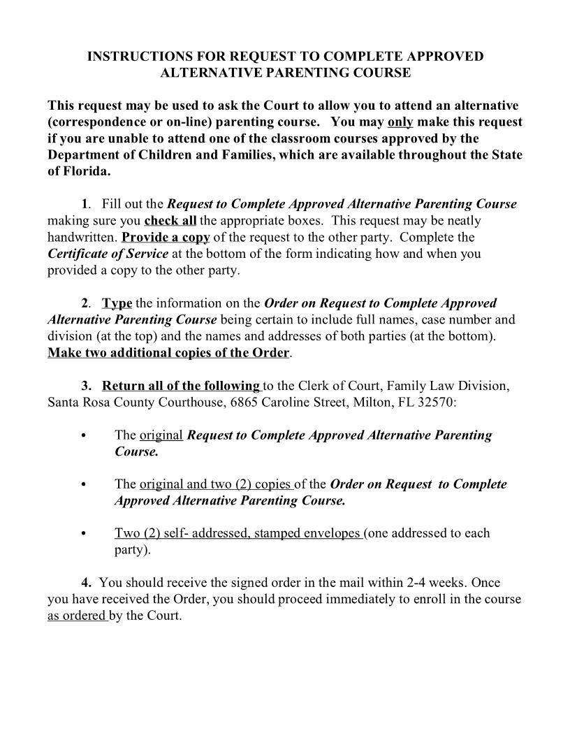 Request To Complete Approved Alternative Parenting Course - And Order | Pdf Fpdf Doc Docx | Florida