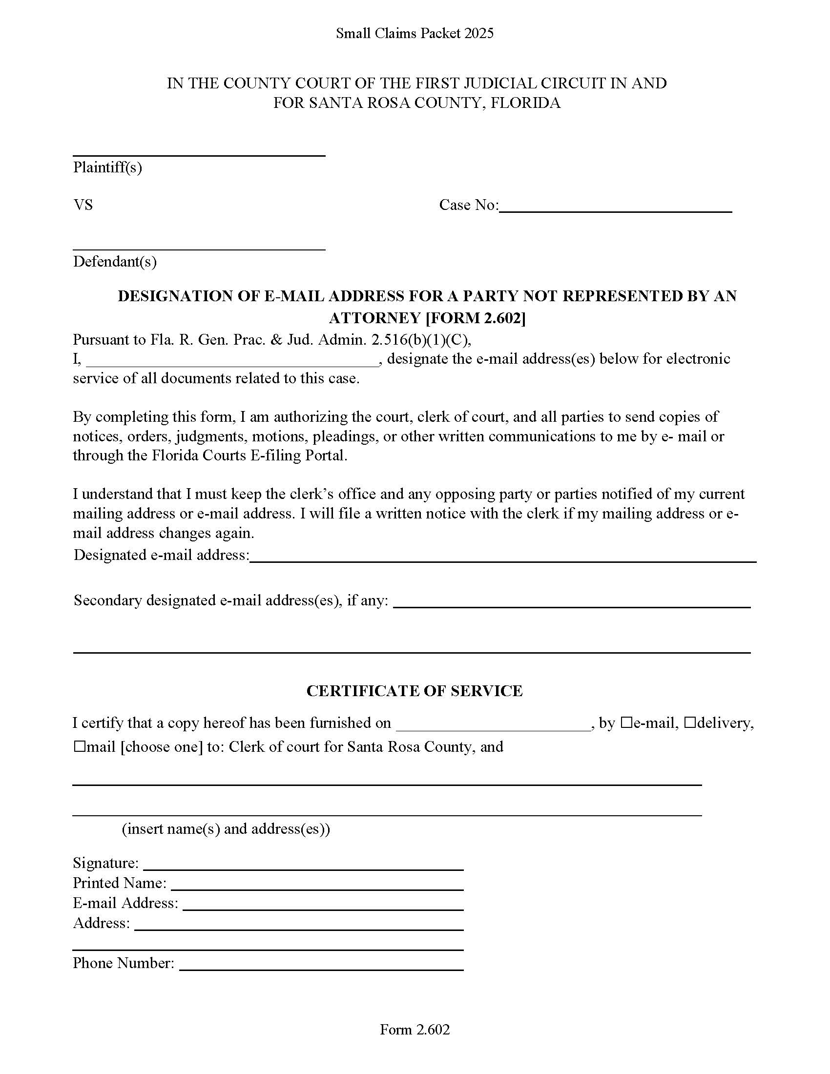 Designation Of Email Address For Party Not Represented By Attorney | Pdf Fpdf Docx | Florida