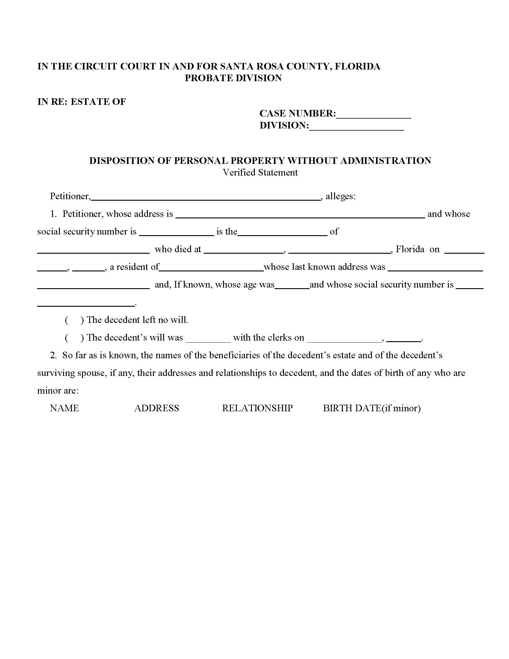 Disposition Of Personal Property Without Administration Verified Statement | Pdf Fpdf Doc Docx | Florida
