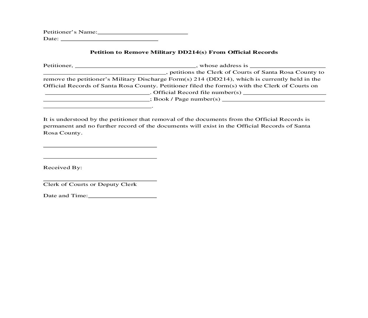 Petition To Remove Military DD214(s) From Official Records | Pdf Fpdf Doc Docx | Florida