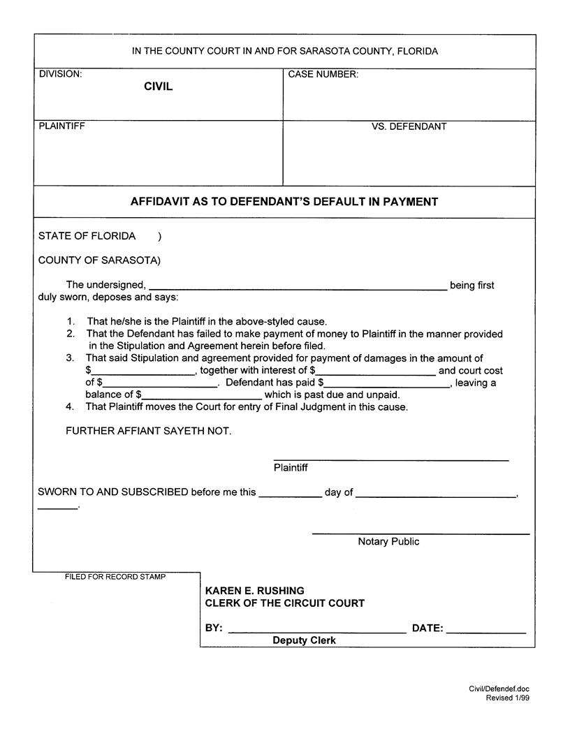 Affidavit As To Defendants Default In Payment | Pdf Fpdf Docx | Florida