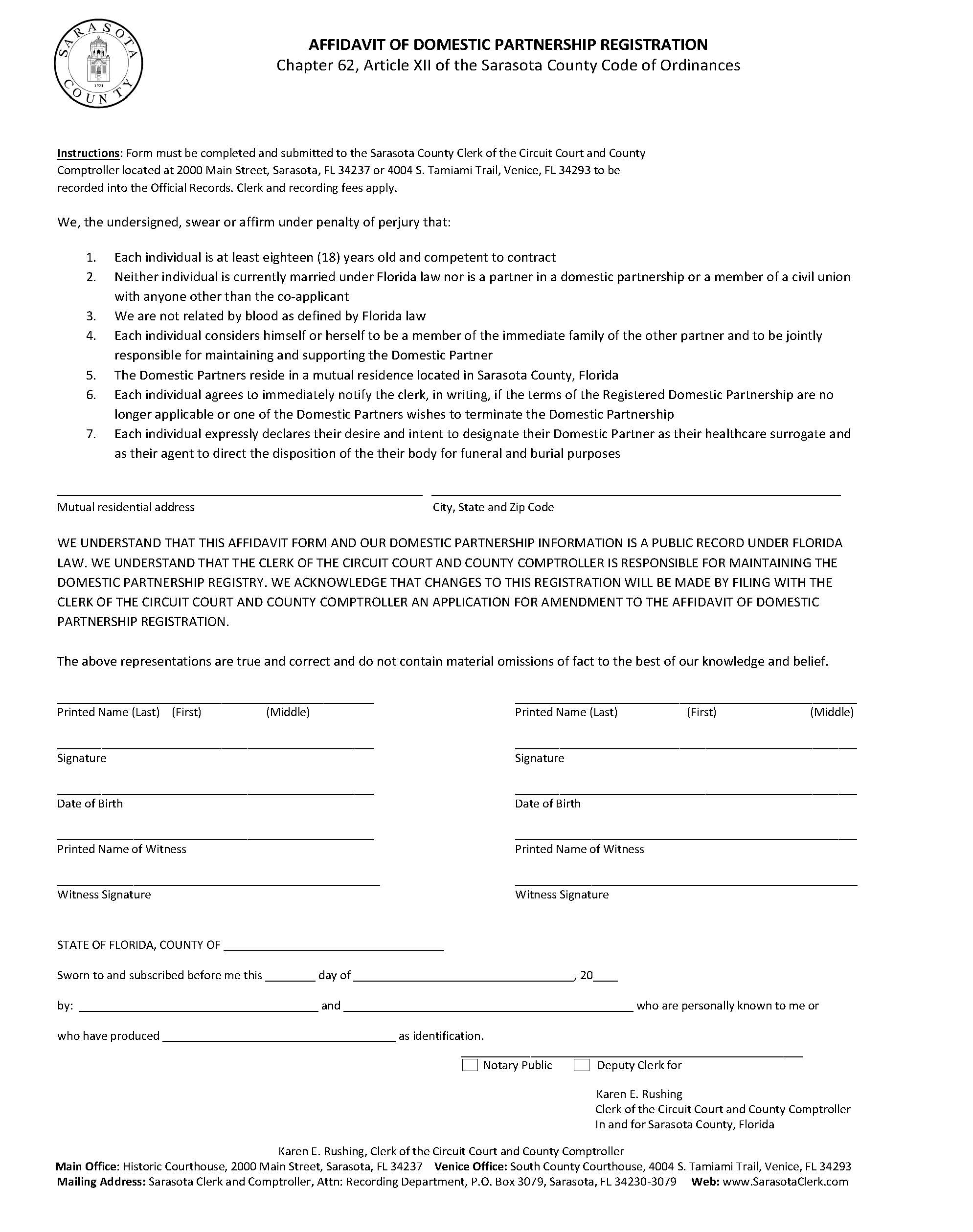 Affidavit Of Domestic Partnership Registration | Pdf Fpdf Docx | Florida