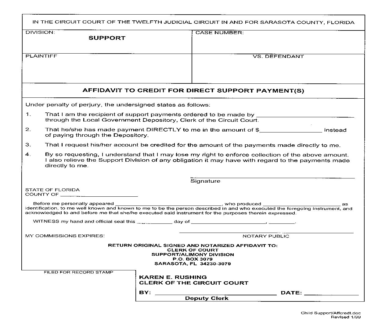Affidavit To Credit For Direct Support Payments | Pdf Fpdf Doc Docx | Florida