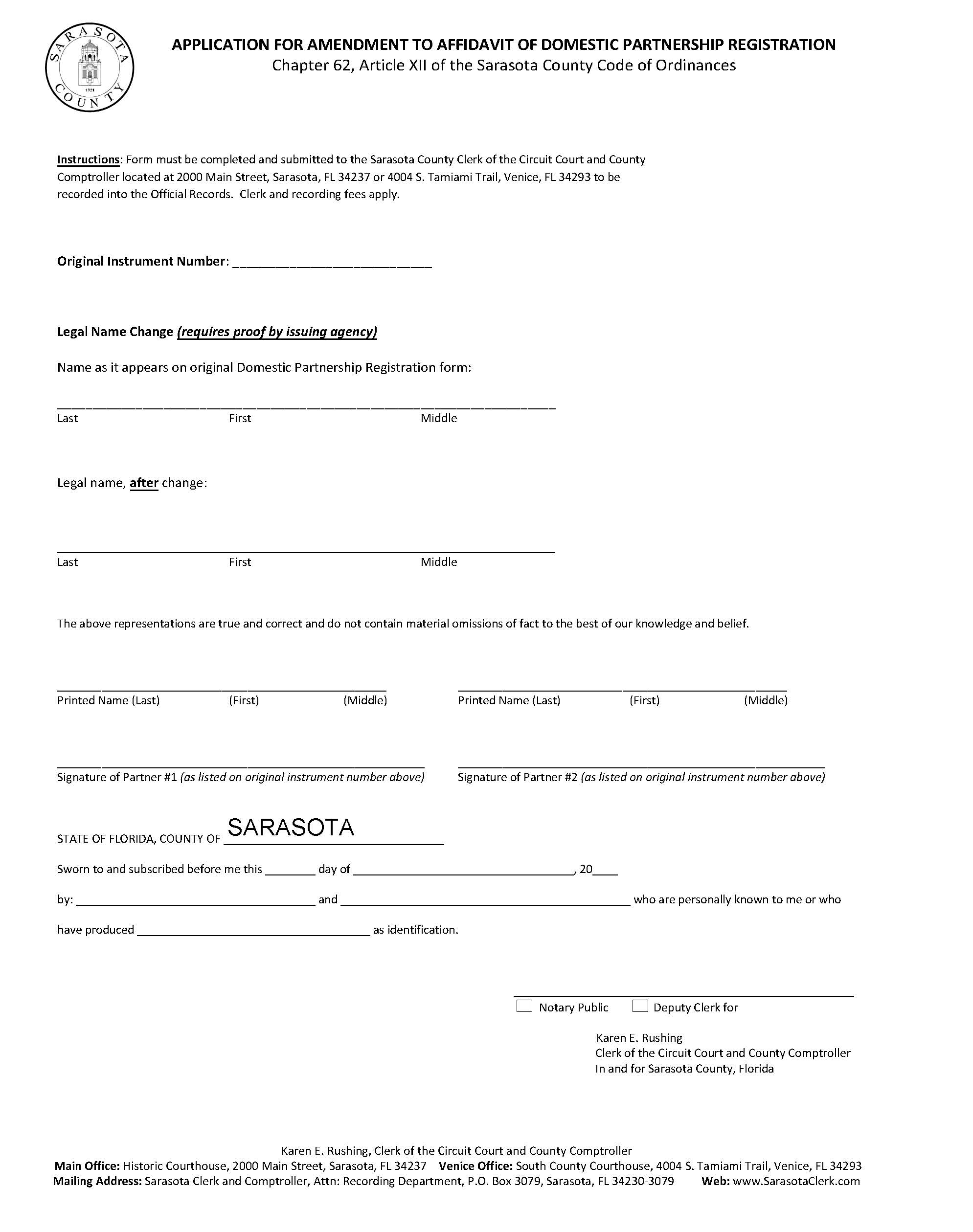 Application For Amendment To Affidavit Of Domestic Partnership Registration | Pdf Fpdf Docx | Florida