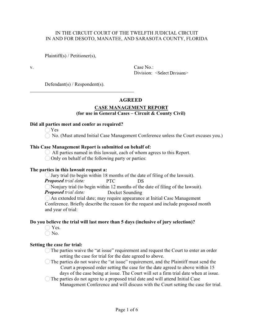 Case Management Report (For General Cases - Circuit And County Civil) | Pdf Fpdf Docx | Florida