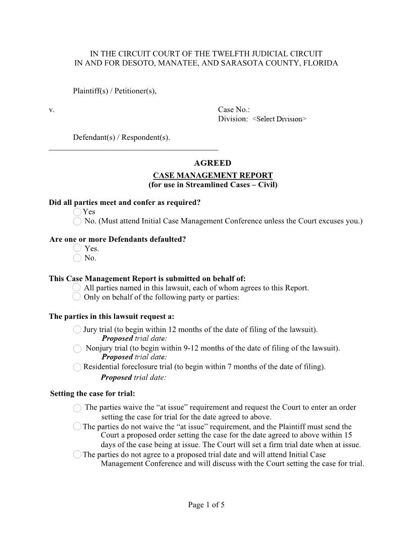 Case Management Report (For Use In Streamilined Cases - Civil) | Pdf Fpdf Docx | Florida