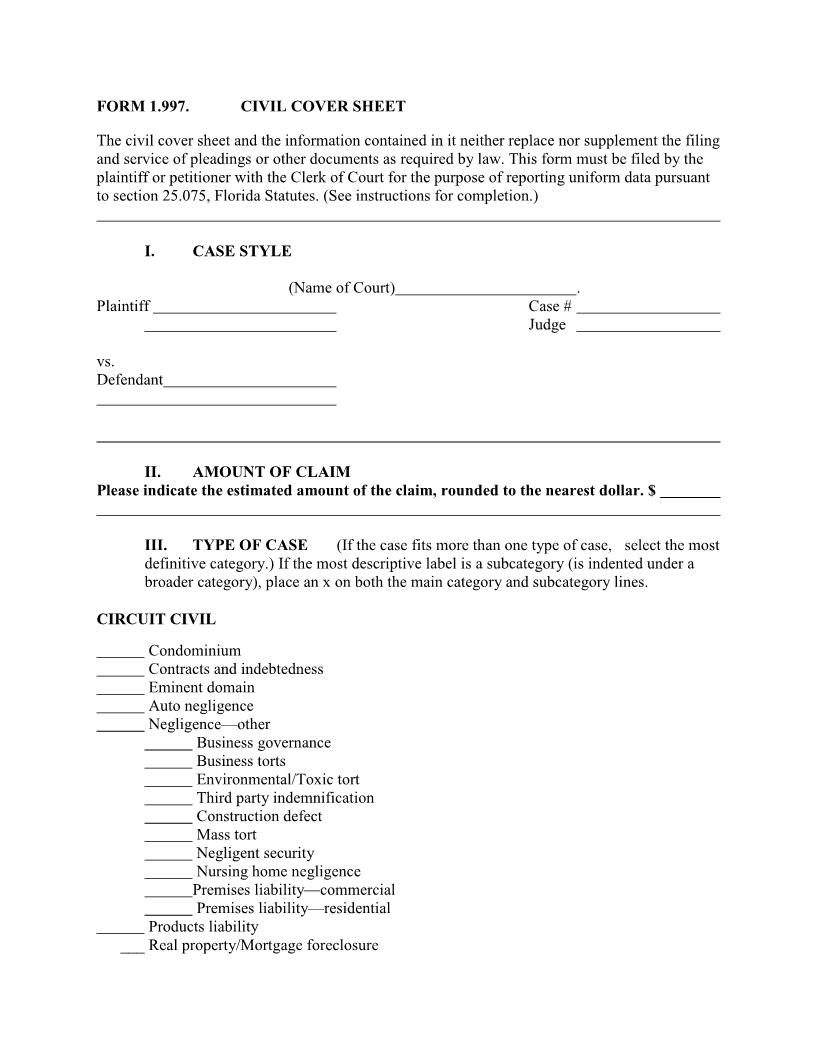 Civil Cover Sheet | Pdf Fpdf Docx | Florida