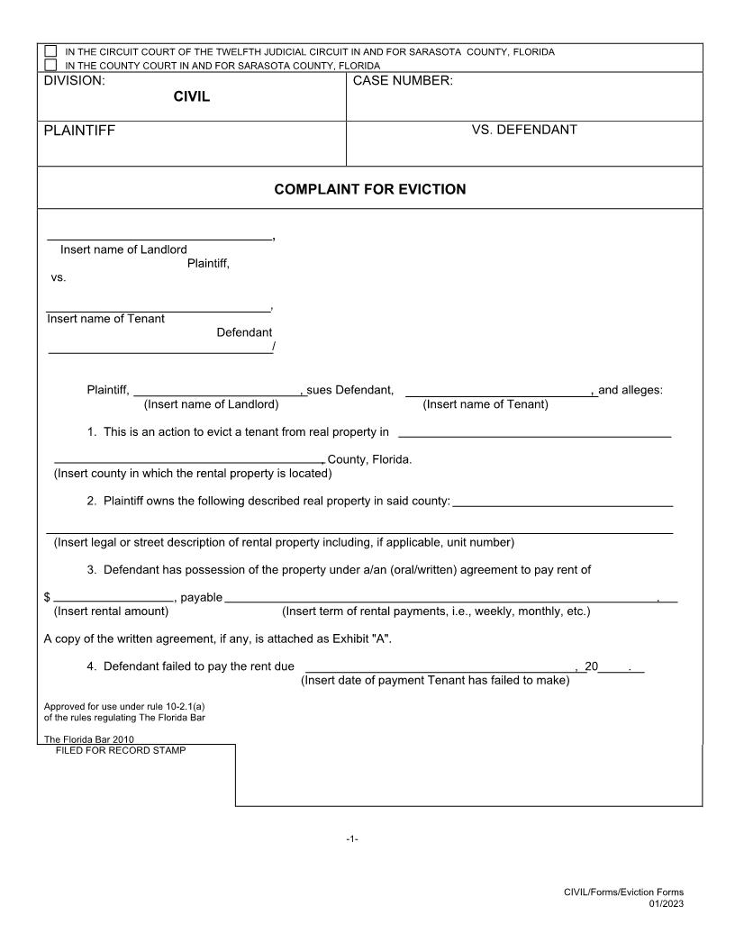 Complaint For Eviction (Possession Only) {SAR CE-PO} | Pdf Fpdf Docx | Florida