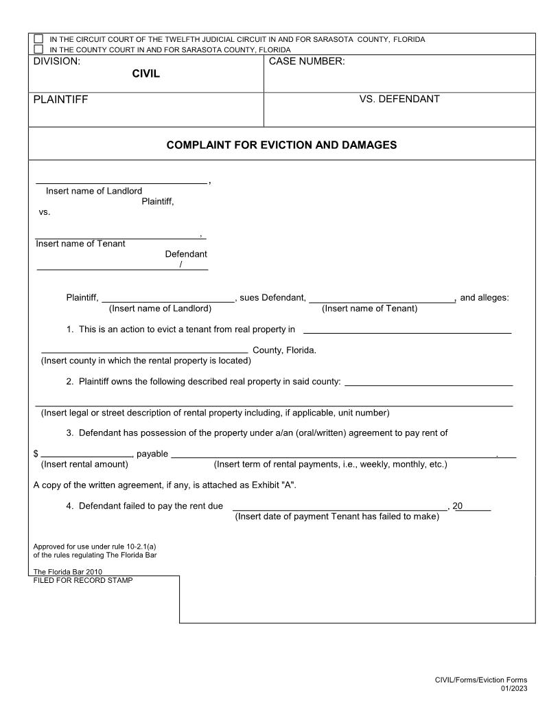 Complaint For Eviction And Damages {SAR CED} | Pdf Fpdf Docx | Florida