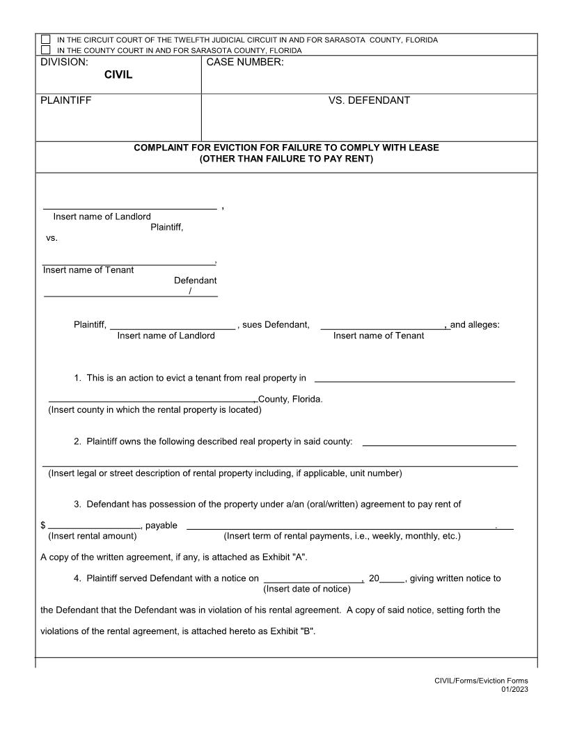 Complaint For Eviction Failure To Comply With Lease {SAR CEFCL} | Pdf Fpdf Docx | Florida